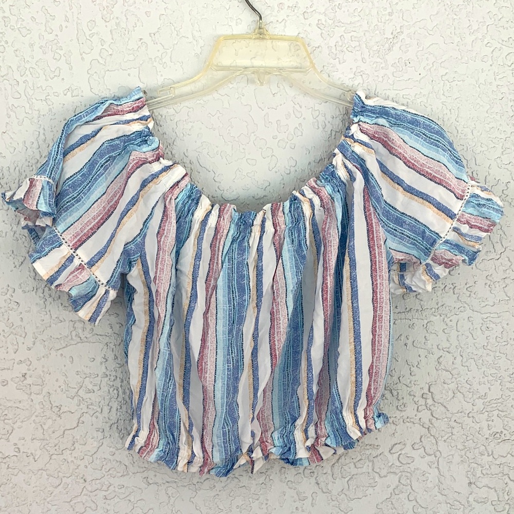 Ocean Drive Multicolor Striped Ruffle  cropped on/off shoulders top size M